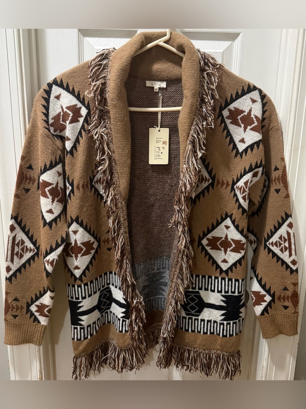 La Miel Aztec Fringe Cardigan Sweater M Medium Southwestern Boho Western NWT
